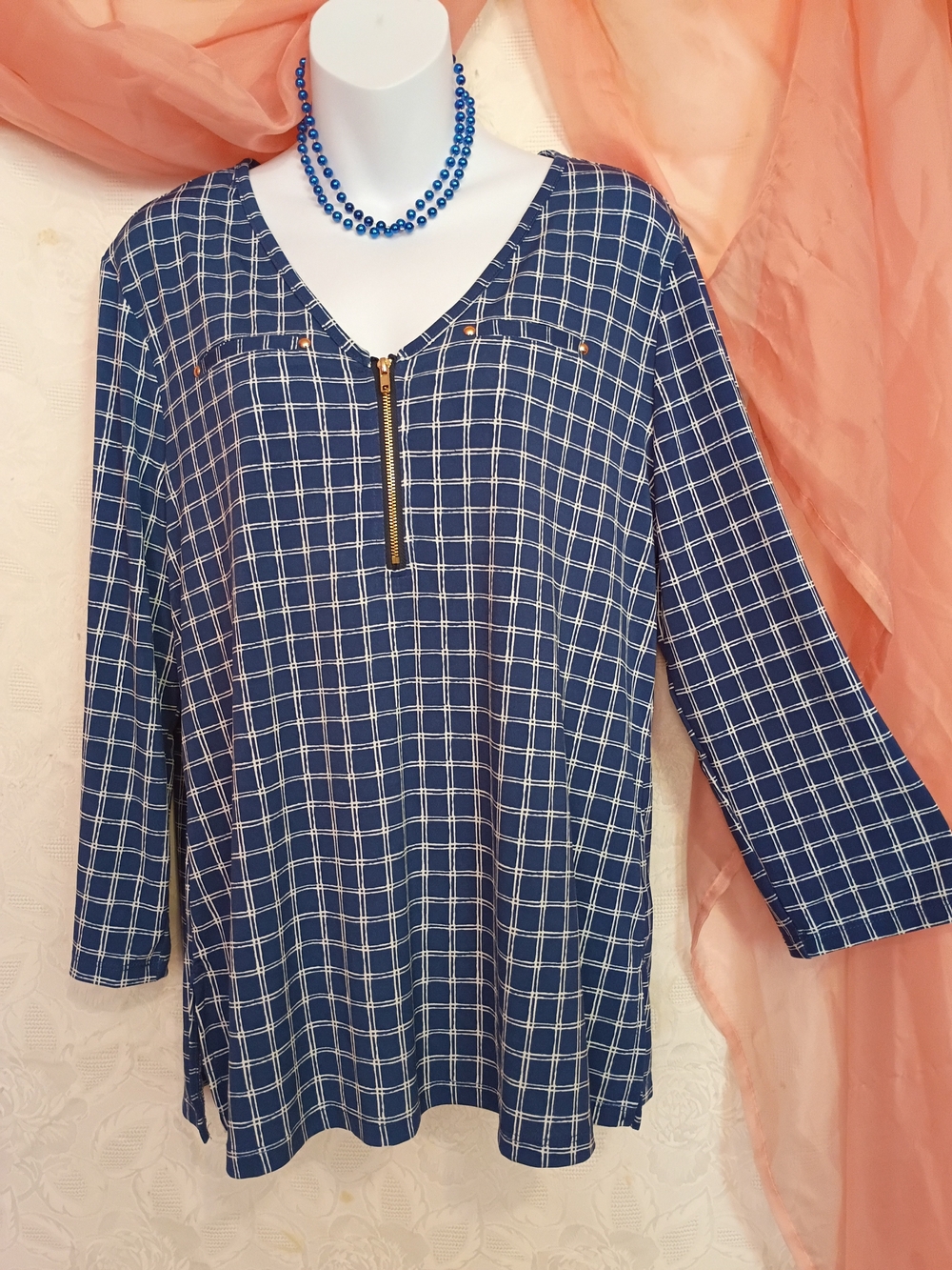 Women's Navy Plaid Zip-Front Blouse Sz Lg